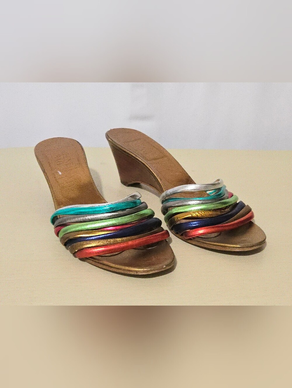 RARE 70s 80s Vintage "Beene Bag" Metallic Wedge Sandals - Studio 54 - Size 7.5